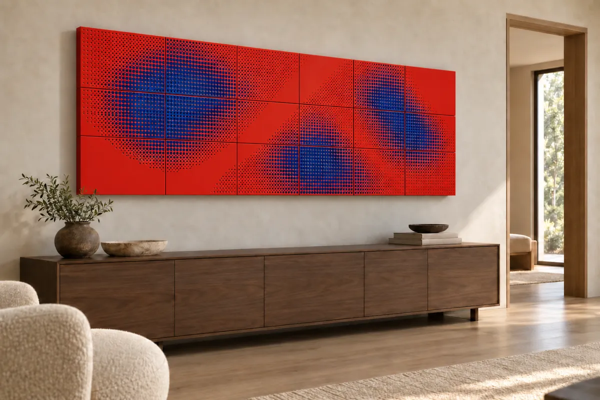 Concept render. A wide vermilion wall installation with fine circular apertures and cobalt-rich regions above a low console.