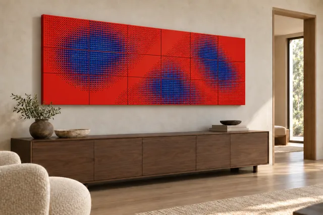 Concept render. A wide vermilion wall installation with fine circular apertures and cobalt-rich regions above a low console.