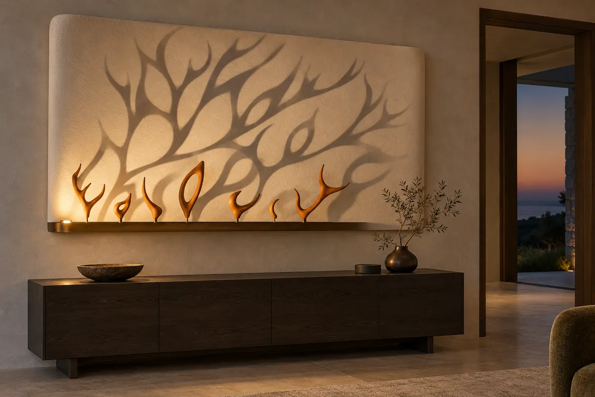 Concept render. Saffron seed forms on an ivory wall field cast branching shadows above a bronze shelf.