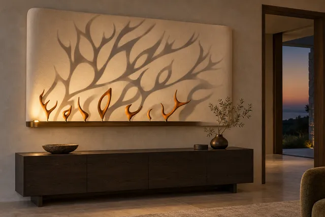 Concept render. Saffron seed forms on an ivory wall field cast branching shadows above a bronze shelf.