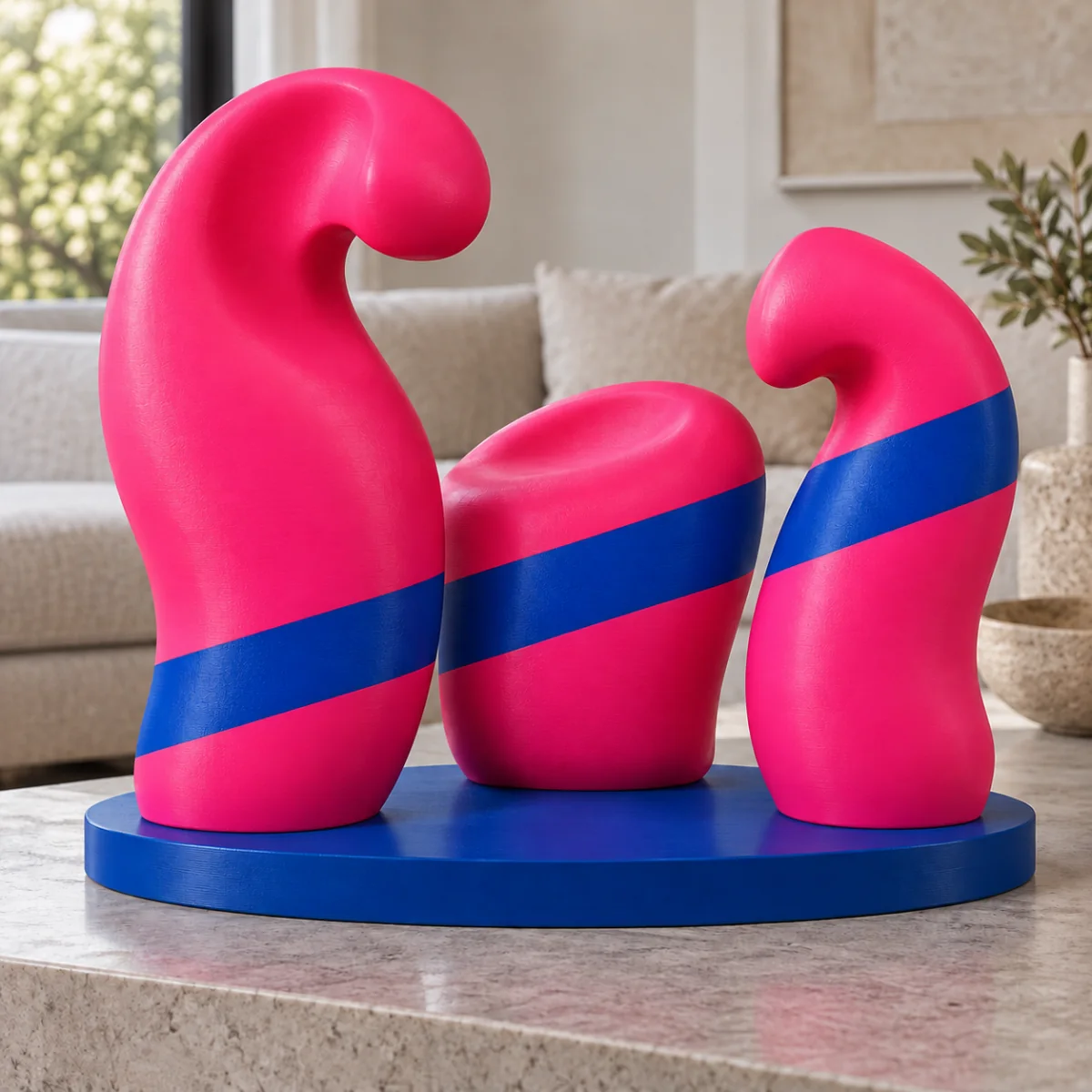 Concept render. Three separate hot pink sculpted volumes with an aligned cobalt band.