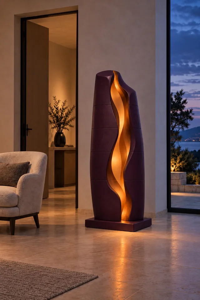 Concept render. A tall dark plum floor sculpture with a narrow illuminated amber chamber beside a chair and doorway.