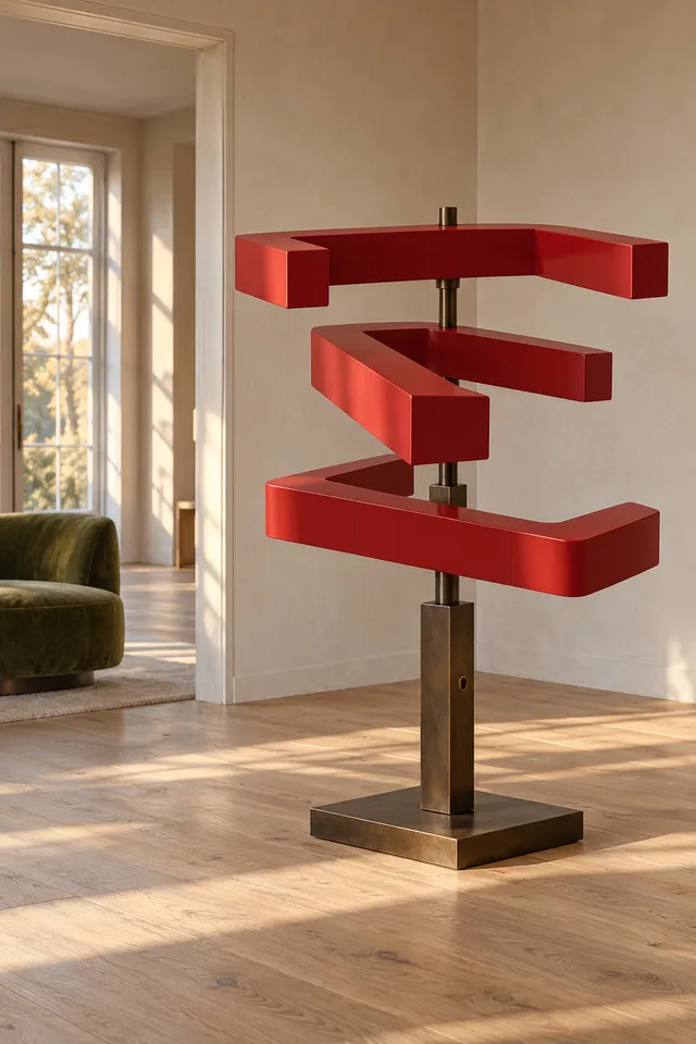 Concept render. Three thick carmine bridge forms at different angles on a dark bronze mast and plinth beside a chair.