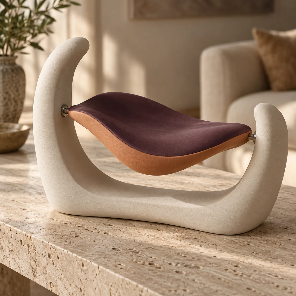 Concept render. A plum and terracotta saddle held inside an asymmetrical ivory cradle.
