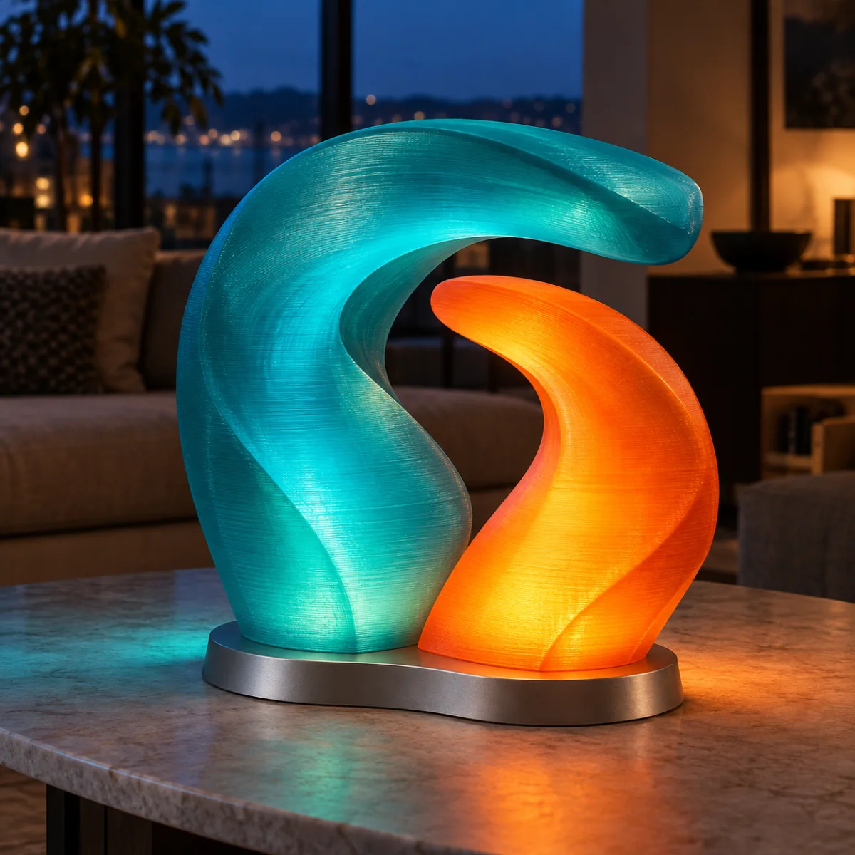Concept render. A luminous orange fold beneath a larger teal wing on a silver-toned base.
