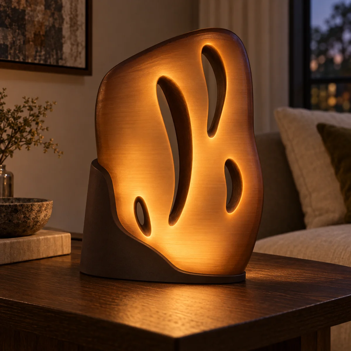 Concept render. An amber illuminated slab with four narrow openings in a dark espresso cradle.