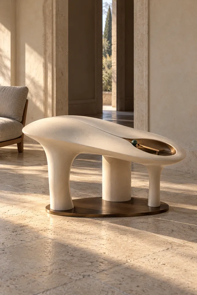 Concept render. An ivory canopy on three unequal piers above a bronze base, with a fine curved channel across its top.
