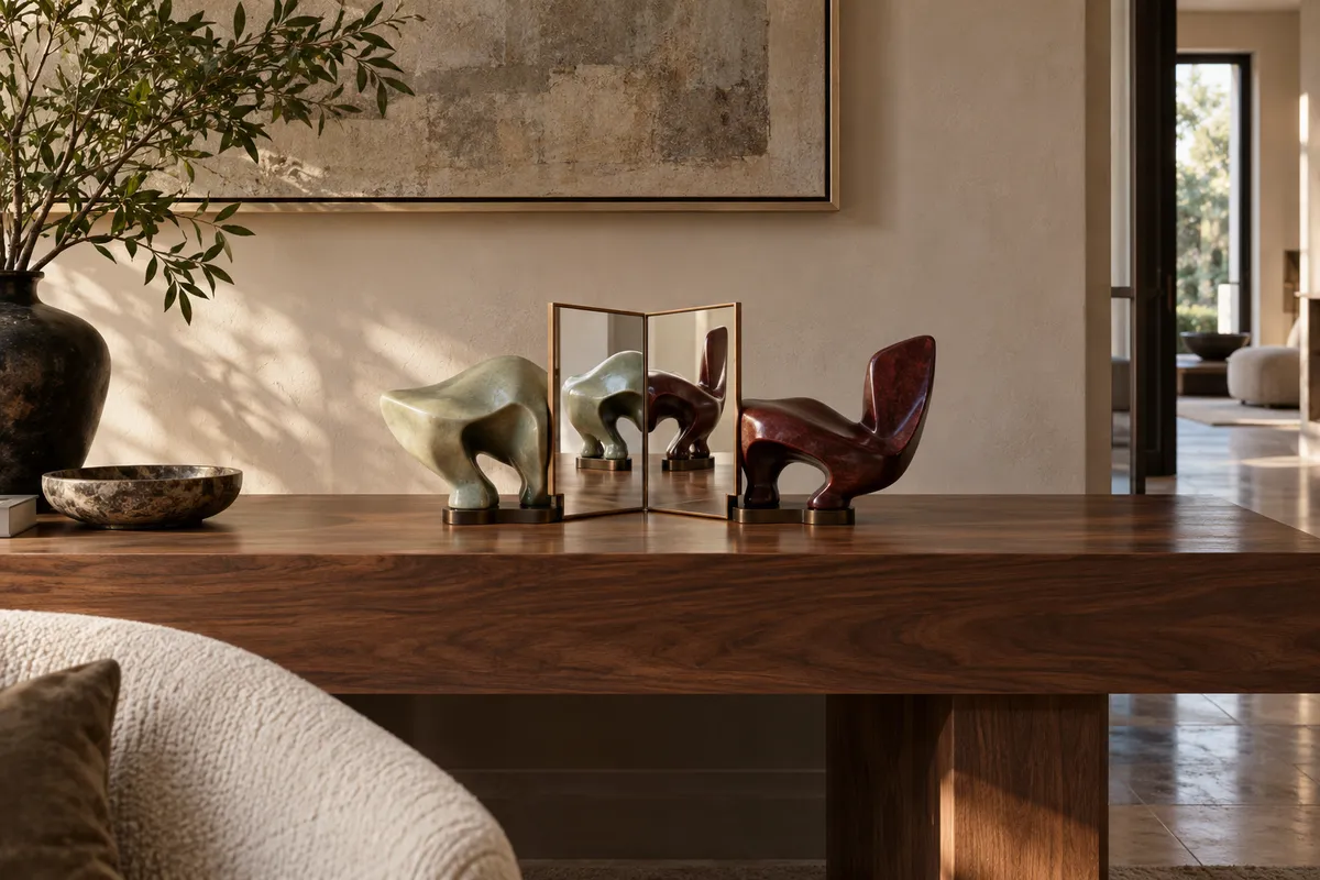 Concept render. Celadon and oxblood abstract sculptures beside a faceted mirror in a fine bronze frame.