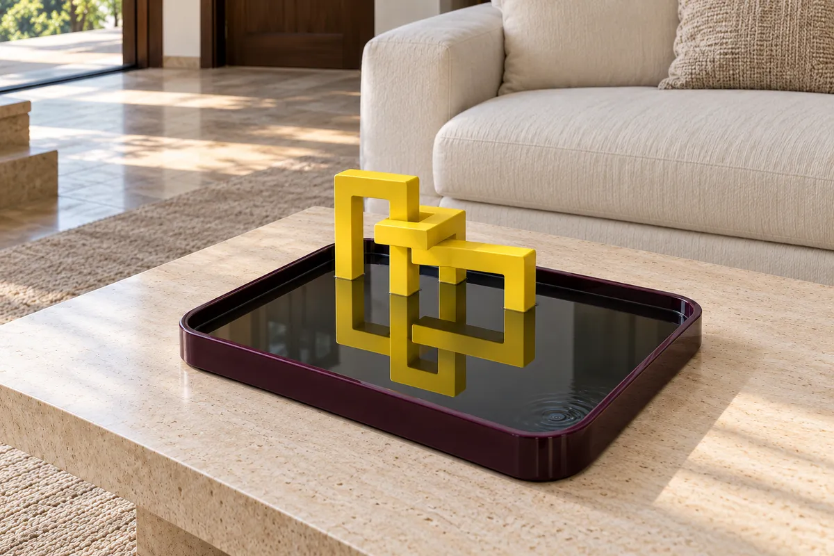 Concept render. An acid yellow interwoven structure above a shallow aubergine basin on a low table.
