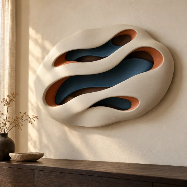 Concept render. An ivory wall relief with three deep curved passages in blue and terracotta.