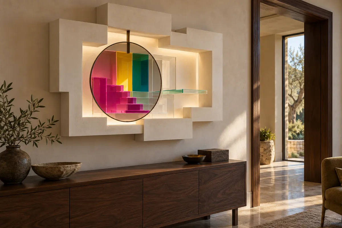 Concept render. An ivory architectural wall relief with a circular lens revealing vivid colored planes inside a clear recess.